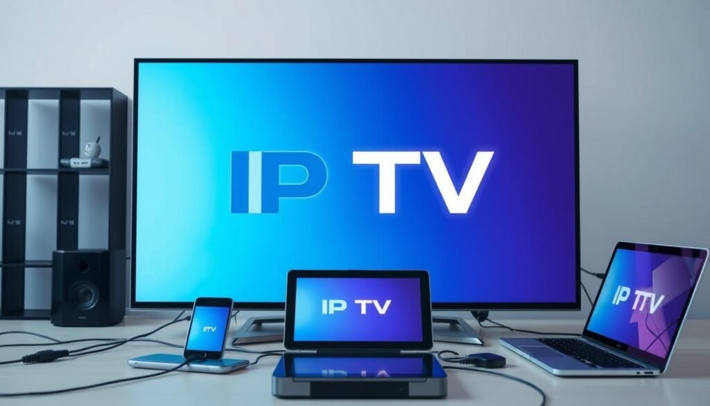 A close-up of a smart TV screen displaying the IPTV logo, with various devices like smartphones, tablets, and laptops arranged around it, all connected through Wi-Fi or Ethernet cables. The scene is well-lit, showcasing the compatibility and seamless integration of IPTV across multiple platforms. The background is a minimalist, clean, and modern interior, emphasizing the technological aspect of the setup. The overall mood is one of efficiency, connectivity, and the ease of accessing IPTV content on different devices. A close-up of a smart TV screen displaying the IPTV logo, with various devices like smartphones, tablets, and laptops arranged around it, all connected through Wi-Fi or Ethernet cables. The scene is well-lit, showcasing the compatibility and seamless integration of IPTV across multiple platforms. The background is a minimalist, clean, and modern interior, emphasizing the technological aspect of the setup. The overall mood is one of efficiency, connectivity, and the ease of accessing IPTV content on different devices.