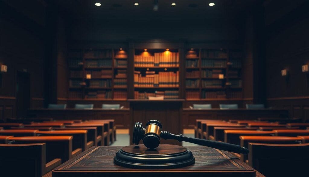 A dimly lit courtroom interior, with a wooden podium and chairs arranged in an orderly fashion. In the foreground, a gavel rests on the podium, symbolizing the legal proceedings. The middle ground features a bookshelf filled with legal tomes, casting a warm glow across the scene. In the background, a large window allows a soft, natural light to filter in, creating a sense of openness and transparency. The overall atmosphere conveys a sense of thoughtfulness and consideration, reflecting the serious and responsible nature of legal IPTV services.