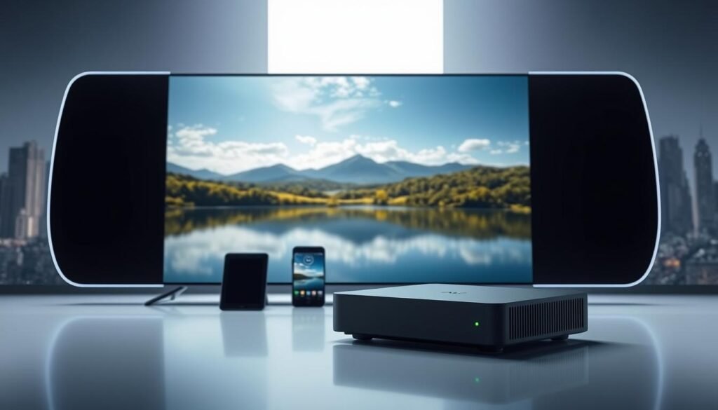 A futuristic 4K IPTV service emerges, offering premium audiovisual quality with a sleek, minimalist interface. The screen displays a vivid, high-resolution image of a serene landscape, showcasing the remarkable detail and clarity of the 4K technology. In the foreground, a modern, streamlined IPTV set-top box stands, its clean design and subtle lighting hinting at the advanced capabilities within. The middle ground features a range of smart devices, from tablets to smartphones, all seamlessly integrated into the IPTV ecosystem, enabling users to access content from multiple platforms. The background sets the scene, with a city skyline in the distance, representing the ubiquity and accessibility of this affordable 4K IPTV service, poised to revolutionize the future of home entertainment.