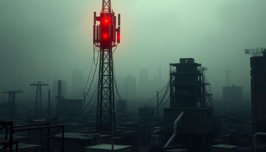 A gritty, industrial cityscape with a towering, shadowy IPTV transmitter in the foreground, emitting an ominous red glow. In the middle ground, a tangle of cables and pipes weave through a dilapidated urban landscape, hinting at the complexities and limitations of IPTV infrastructure. The background is shrouded in a thick, hazy atmosphere, conveying a sense of uncertainty and the potential drawbacks of the technology. The image is shot from a low angle, emphasizing the dominance of the IPTV tower and the overwhelming presence of the system. Muted colors and harsh lighting create a foreboding, dystopian mood, reflecting the potential downsides and constraints of IPTV. A gritty, industrial cityscape with a towering, shadowy IPTV transmitter in the foreground, emitting an ominous red glow. In the middle ground, a tangle of cables and pipes weave through a dilapidated urban landscape, hinting at the complexities and limitations of IPTV infrastructure. The background is shrouded in a thick, hazy atmosphere, conveying a sense of uncertainty and the potential drawbacks of the technology. The image is shot from a low angle, emphasizing the dominance of the IPTV tower and the overwhelming presence of the system. Muted colors and harsh lighting create a foreboding, dystopian mood, reflecting the potential downsides and constraints of IPTV.
