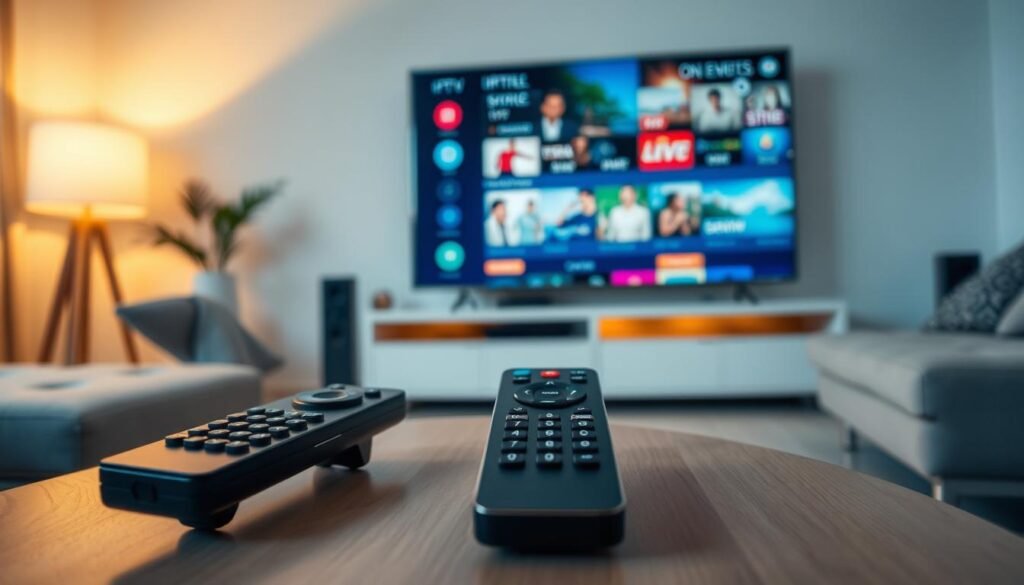 A high-angle view of a cozy living room, with an IPTV remote control prominently placed on a modern coffee table. Soft, warm lighting illuminates the scene, creating a serene and inviting atmosphere. In the background, a large smart TV screen displays a seamless IPTV interface, showcasing a variety of on-demand content and live channels. The room is decorated with minimalist furnishings, hinting at the convenience and simplicity of the IPTV experience. The overall composition conveys the comfort and accessibility of IPTV subscriptions in the Netherlands. A high-angle view of a cozy living room, with an IPTV remote control prominently placed on a modern coffee table. Soft, warm lighting illuminates the scene, creating a serene and inviting atmosphere. In the background, a large smart TV screen displays a seamless IPTV interface, showcasing a variety of on-demand content and live channels. The room is decorated with minimalist furnishings, hinting at the convenience and simplicity of the IPTV experience. The overall composition conveys the comfort and accessibility of IPTV subscriptions in the Netherlands.