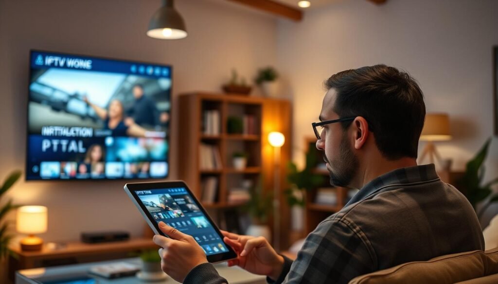 A high-quality, detailed image of a modern living room with a large flat-screen smart TV mounted on the wall. In the foreground, a person is streaming IPTV content on a tablet, their gaze focused intently on the screen. The room is well-lit, with warm, diffused lighting from overhead fixtures and floor lamps, creating a cozy, inviting atmosphere. The background features a bookshelf, houseplants, and other decor elements that suggest a comfortable, tech-savvy home environment. The composition emphasizes the ease and convenience of accessing IPTV services on various devices within the same living space. A high-quality, detailed image of a modern living room with a large flat-screen smart TV mounted on the wall. In the foreground, a person is streaming IPTV content on a tablet, their gaze focused intently on the screen. The room is well-lit, with warm, diffused lighting from overhead fixtures and floor lamps, creating a cozy, inviting atmosphere. The background features a bookshelf, houseplants, and other decor elements that suggest a comfortable, tech-savvy home environment. The composition emphasizes the ease and convenience of accessing IPTV services on various devices within the same living space.