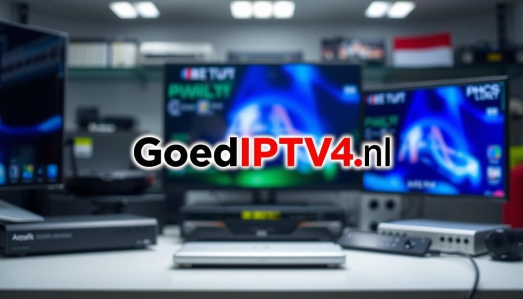 A high-quality, well-lit studio photograph of the GoedIPTV4K.nl logo and brand assets, positioned prominently in the foreground against a blurred background of various IPTV-related devices and technology. The logo should be crisp, vibrant, and professionally presented, conveying a sense of authority and reliability. The overall composition should be balanced and visually appealing, with the logo serving as the focal point and the supporting elements enhancing the brand's image as the "best IPTV provider in the Netherlands".