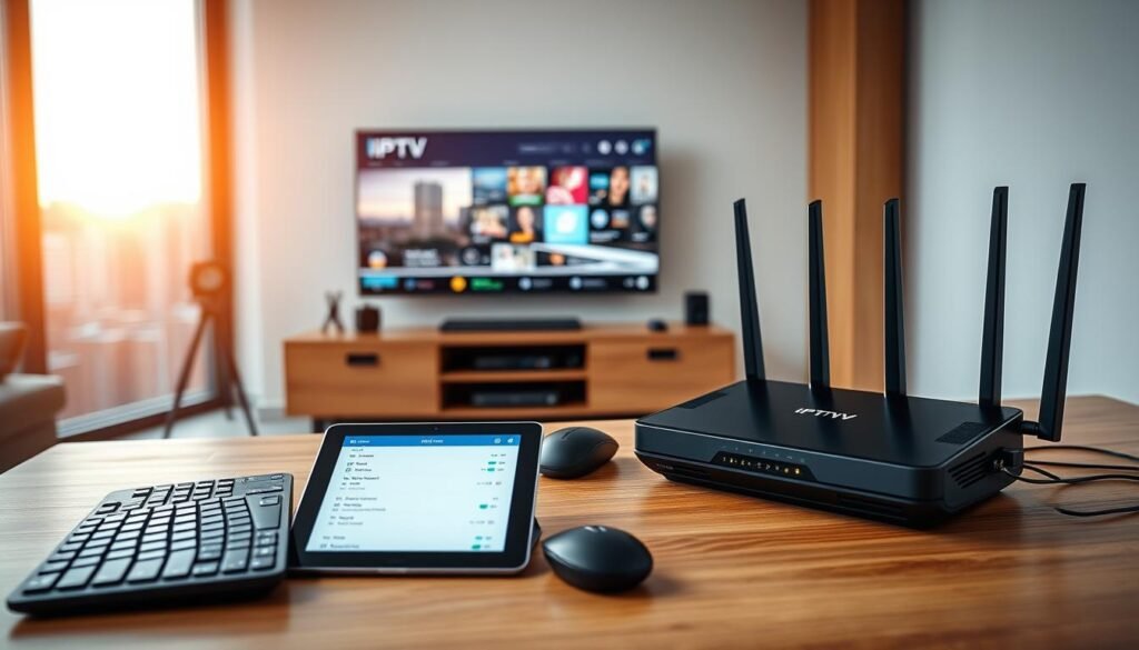 A modern home office setup with high-tech IPTV equipment. In the foreground, a sleek black router with glowing status lights sits on a minimalist wooden desk, surrounded by a wireless keyboard, mouse, and a tablet displaying IPTV configuration settings. In the middle ground, a 4K smart TV mounted on the wall showcases a vibrant IPTV interface, while cables neatly run behind it. The background features a large window overlooking a cityscape, with natural light filtering in and creating a warm, productive atmosphere. The overall scene conveys the technical requirements and seamless integration of an IPTV system in a contemporary home environment.