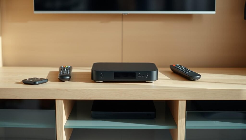 A sleek and modern IPTV set-top box resting on a minimalist wood-and-glass entertainment center, surrounded by various remote controls and streaming devices. The box is centered in the frame, with a clean, well-lit, and uncluttered background. The lighting is soft and natural, emphasizing the product's design and premium feel. The image conveys a sense of simplicity, convenience, and the seamless integration of IPTV technology into a contemporary home entertainment setup. A sleek and modern IPTV set-top box resting on a minimalist wood-and-glass entertainment center, surrounded by various remote controls and streaming devices. The box is centered in the frame, with a clean, well-lit, and uncluttered background. The lighting is soft and natural, emphasizing the product's design and premium feel. The image conveys a sense of simplicity, convenience, and the seamless integration of IPTV technology into a contemporary home entertainment setup.