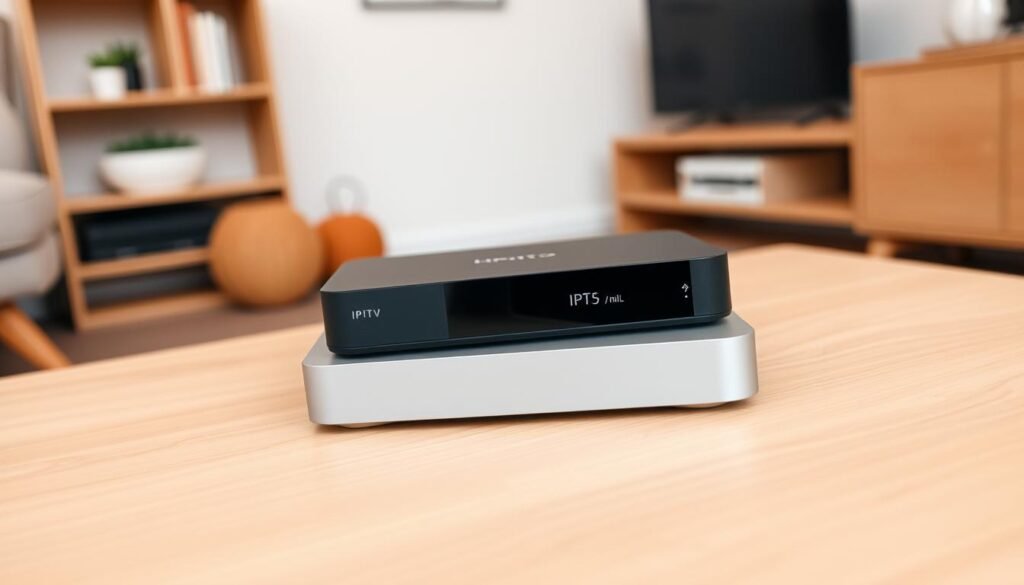 A sleek, modern IPTV box resting on a minimalist wooden table, surrounded by a clean, minimalist home decor. The box is in a neutral color, with a subtle, understated design that blends seamlessly into the environment. The lighting is soft and diffused, creating a warm, inviting atmosphere. The camera angle is slightly elevated, providing a clear, unobstructed view of the IPTV box and its surroundings. The focus is sharp, drawing the viewer's attention to the device and its user-friendly interface. The overall mood is one of simplicity, functionality, and ease of use, reflecting the core values of the GoedIPTV4K.nl service.