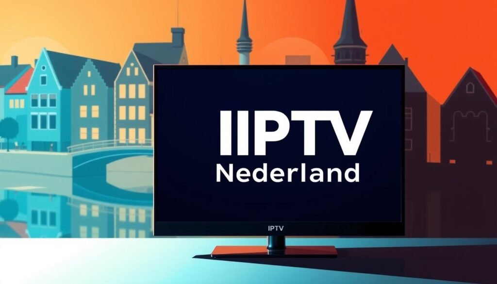 A sleek, modern illustration of IPTV in the Netherlands. In the foreground, a stylized TV set displays the IPTV Nederland logo against a backdrop of a vibrant, abstract cityscape. The cityscape features recognizable Dutch architectural elements like gabled roofs and bridges over canals, all rendered in a clean, digital aesthetic. The scene is illuminated by warm, directional lighting that casts long shadows, creating a sense of depth and dimensionality. The overall mood is one of technological sophistication and urban dynamism, reflecting the cutting-edge nature of IPTV services in the Netherlands. A sleek, modern illustration of IPTV in the Netherlands. In the foreground, a stylized TV set displays the IPTV Nederland logo against a backdrop of a vibrant, abstract cityscape. The cityscape features recognizable Dutch architectural elements like gabled roofs and bridges over canals, all rendered in a clean, digital aesthetic. The scene is illuminated by warm, directional lighting that casts long shadows, creating a sense of depth and dimensionality. The overall mood is one of technological sophistication and urban dynamism, reflecting the cutting-edge nature of IPTV services in the Netherlands.