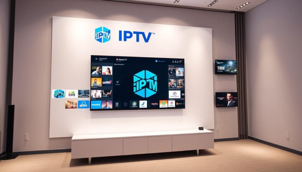An ultra-modern IPTV provider headquartered in Amsterdam, Netherlands. A sleek, minimalist interface showcases a wide range of live TV channels, on-demand content, and streaming services. The provider's logo is prominently displayed, with a clean, geometric design in a striking blue hue. A neutral, well-lit studio environment with soft, even lighting highlights the provider's professional, high-quality services. The camera angle is slightly elevated, giving a sense of authority and trustworthiness. The overall mood is one of technological sophistication, reliability, and attention to detail - perfectly suited to be the centerpiece of a feature on the best IPTV services in the Netherlands. An ultra-modern IPTV provider headquartered in Amsterdam, Netherlands. A sleek, minimalist interface showcases a wide range of live TV channels, on-demand content, and streaming services. The provider's logo is prominently displayed, with a clean, geometric design in a striking blue hue. A neutral, well-lit studio environment with soft, even lighting highlights the provider's professional, high-quality services. The camera angle is slightly elevated, giving a sense of authority and trustworthiness. The overall mood is one of technological sophistication, reliability, and attention to detail - perfectly suited to be the centerpiece of a feature on the best IPTV services in the Netherlands.